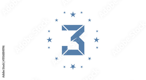 Blue number three icon surrounded by stars on white background.