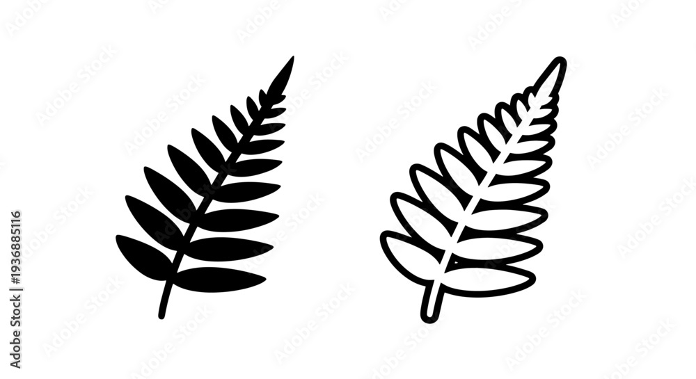 Fototapeta premium Decorative Fern Leaf Icon in Black Solid and Outline Designs