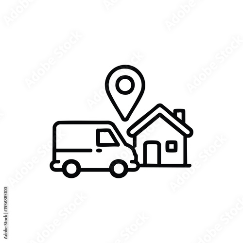 Home delivery logistics icon with van house and location pin black and white vector illustration