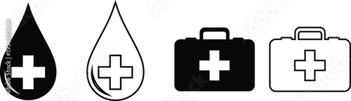 Medical symbols including a drop of blood and first aid kits