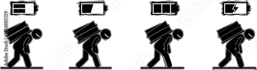 Low Battery Energy Levels Concept Showing Exhausted Human Silhouette with Different Charge Status Icons Vector Illustration for Fatigue and Productivity Decline Theme