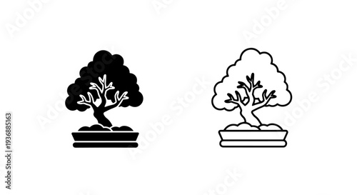 Traditional Japanese Bonsai Tree Icon with Bushy Crown in Flat Glyph and Outline Vector Styles