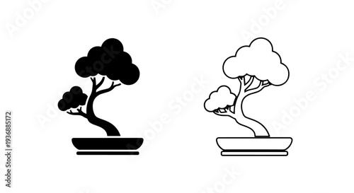Elegant Bonsai Tree Icon with Curved Trunk in Flat Glyph and Outline Vector Illustration