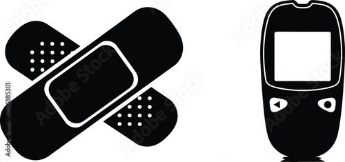 Black and white illustration of a cell phone and a band aid