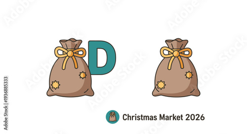 Christmas Market 2026 burlap sack gift bags with golden coins and ribbons.