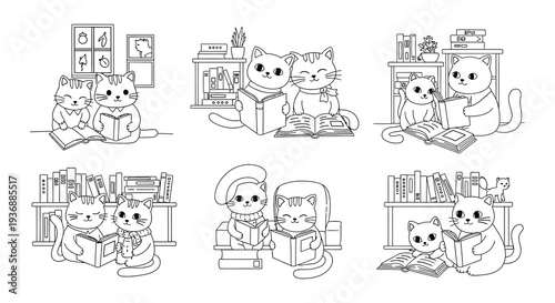 Charming illustration of cats reading books and enjoying a literary scene