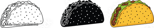Taco illustration set, black white and colored mexican street food vector icon isolated collection