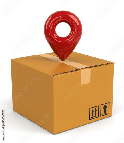 Brown cardboard box with red location pin and symbols