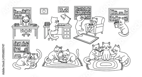 Charming illustration of cats reading books and enjoying a literary scene