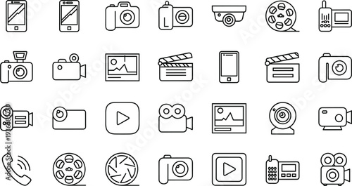 Photography video and media equipment outline icon set camera smartphone film vector symbols collection
