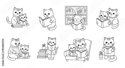 Charming illustration of cats reading books and enjoying a literary scene