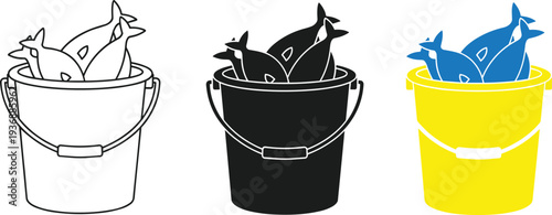 Fish in bucket illustration set, black white and yellow fishing catch vector icon isolated collection