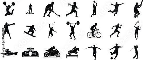 Collection of 18 black silhouettes depicting various sports and physical activities