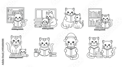 Charming illustration of cats reading books and enjoying a literary scene