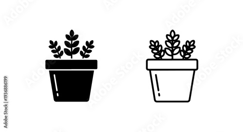 Simple Bushy Potted Herb Icon for Gardening and Natural Product Designs in Solid and Outline Styles.