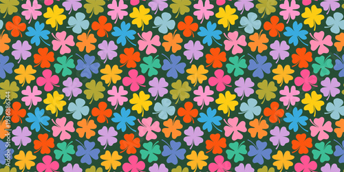 Colorful four leaf clover vector seamless pattern on dark green background for Saint Patrick's Day banners and kids designs for spring and summer