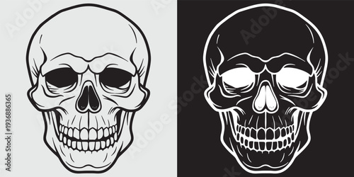 Skull with sunglasses grinning vector illustration, edgy flat design art, bold line graphic