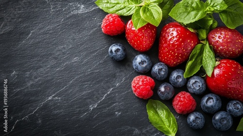 A vibrant arrangement of fresh berries and basil leaves on a dark textured surface