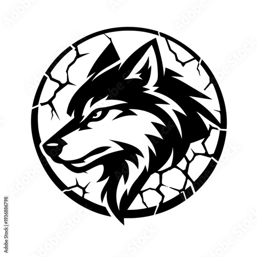 Fierce black wolf head logo, sharply stylized, within a dynamic cracked circular frame, symbolizing strength, wildness, and resilience, ideal for gaming, sports mascots, and bold branding projects. A