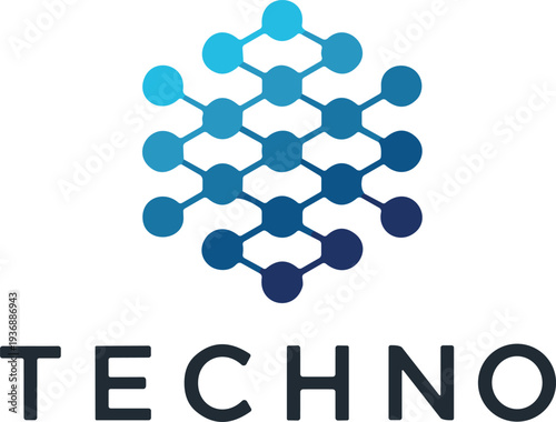 Techno logo design, geometric pattern, hexagon circles, honeycomb structure, blue gradient, modern technology, innovation branding, connectivity symbol, digital vector, futuristic typography