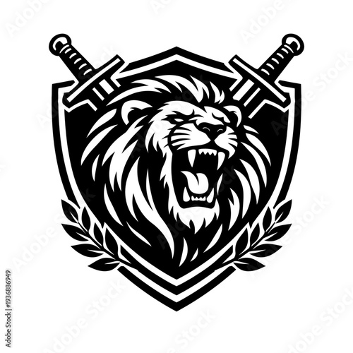 Powerful Roaring Lion Head Emblem on a Shield with Crossed Swords and Laurel Wreath. A Symbol of Strength, Courage, and Victory. Majestic Feline Mascot Logo Design for Sports, Gaming, or Brand Identit