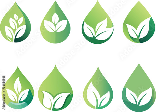 Green Leaf Water Droplet Icons Set.