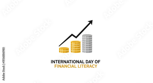 International Day of Financial Literacy graphic with coins and buildings.