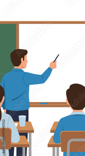 A male teacher, seen from behind, points with a pencil at a large white board in a classroom with two students at desks.