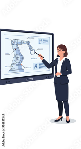 A professional businesswoman in a dark suit points with a stylus at a detailed robotic arm diagram on a large interactive screen.