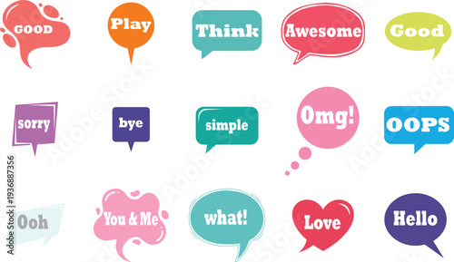 A collection of colorful speech bubbles with various words and phrases