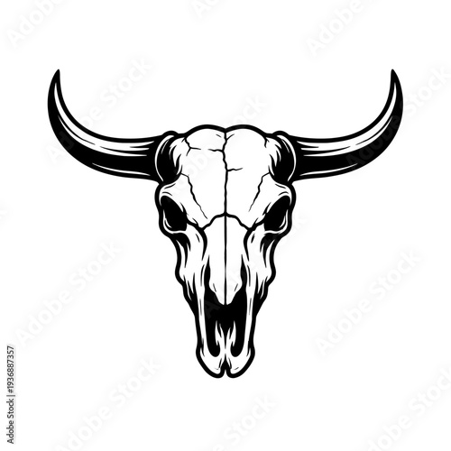 Striking black and white vector bull skull with horns. Design element for Western, Southwestern, desert, rodeo, vintage, rustic, boho themes. Ideal for logos, tattoos, apparel, branding, wall art, dec