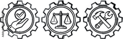 Quality Assurance, Compliance and Maintenance Gear Icons Set Vector Illustration Featuring Approval, Balance Scale and Engineering Tools Outline Symbols