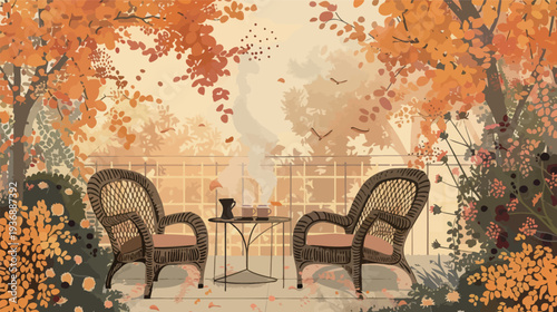 Inviting autumn escape with cozy patio and two wicker chairs, warm fall outdoor seating vector illustration isolated on white background