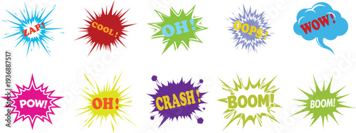 Vibrant comic book explosion graphics with dynamic text effects