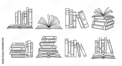Collection of open and stacked books in a simple line art style