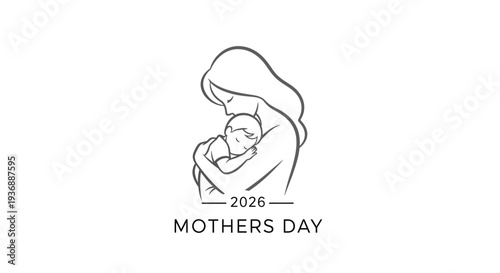 Simple line drawing of mother holding baby for Mothers Day 2026.