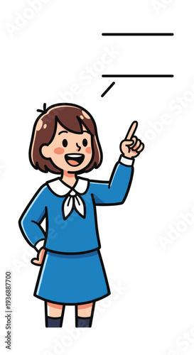 A smiling cartoon girl in a blue dress with a white collar is pointing her right index finger upwards on a plain white background.