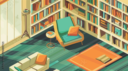 Isometric vector illustration of a cozy library corner with bookshelves and reading chair
