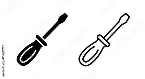Screwdriver Tool Icons: Solid and Outline Black Vector for Repair and Assembly Work