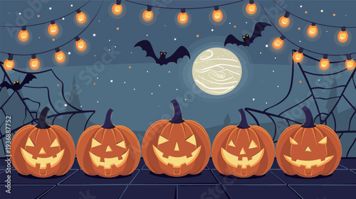 Jack-o-lanterns decorate an outdoor patio with string lights, festive Halloween night