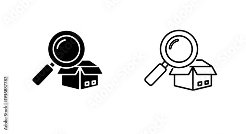 Package Inspection Icons: Magnifying Glass and Box Solid and Outline Vector for Logistics and Search