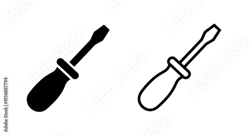 Essential Screwdriver Icons: Black Solid and Outline Designs for Repair and Construction