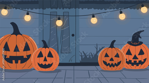Jack-o-lanterns decorate an outdoor patio with string lights, festive Halloween night