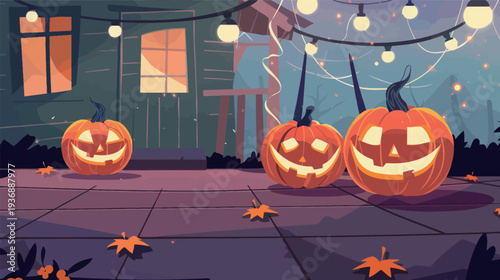 Jack-o-lanterns decorate an outdoor patio with string lights, festive Halloween night