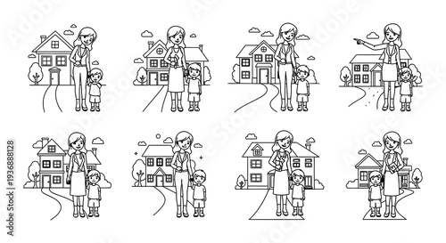 Line art illustrations depicting a mother and son in front of houses