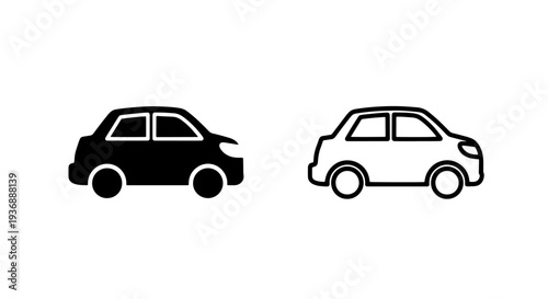Hatchback City Car Side View Icon Set in Silhouette and Linear Style