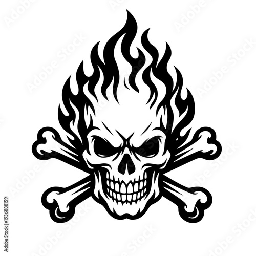Bold flaming skull and crossbones vector art, a fierce black and white illustration embodying rebellion, danger, and power. Ideal for edgy merchandise, biker apparel, rock band logos, tattoo concepts,