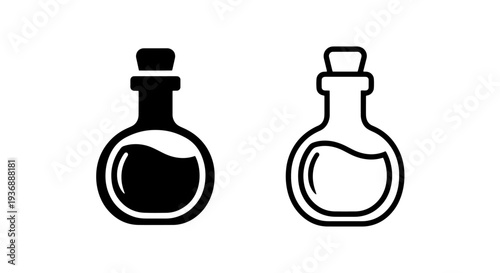 Round Glass Flask Potion Bottle Icon with Liquid and Cork Stopper