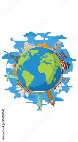 A prominent blue and green globe is encircled by a diverse array of international landmarks, including the Eiffel Tower, set against a backdrop of stylized blue clouds.