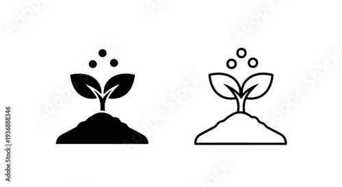 Plant seedling icons with falling seeds for farming and spring growth concepts